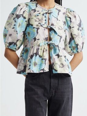 GANNI Printed Cotton Poplin Peplum Blouse Tie Front Puff Sleeve Floral Top Size